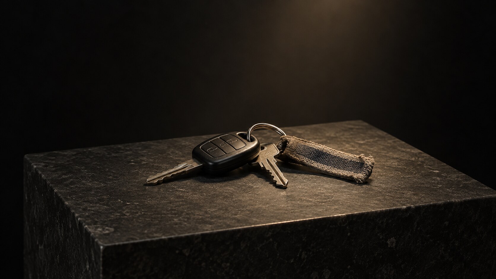 Well-used car keys on a stone plinth
